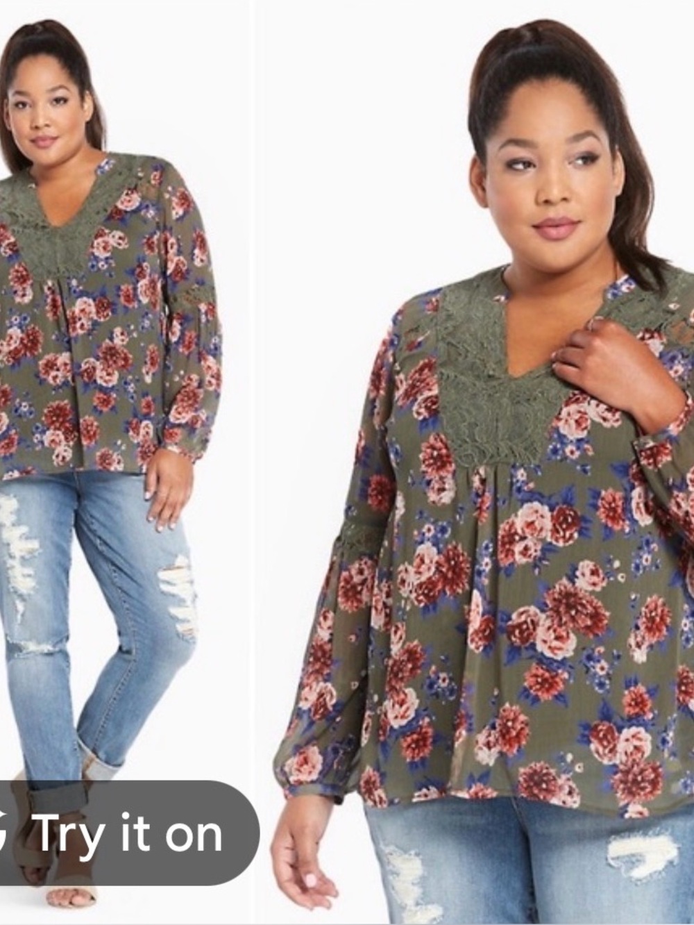 torrid Olive Floral Crochet Lace-Detail Peasant Blouse Size 3X